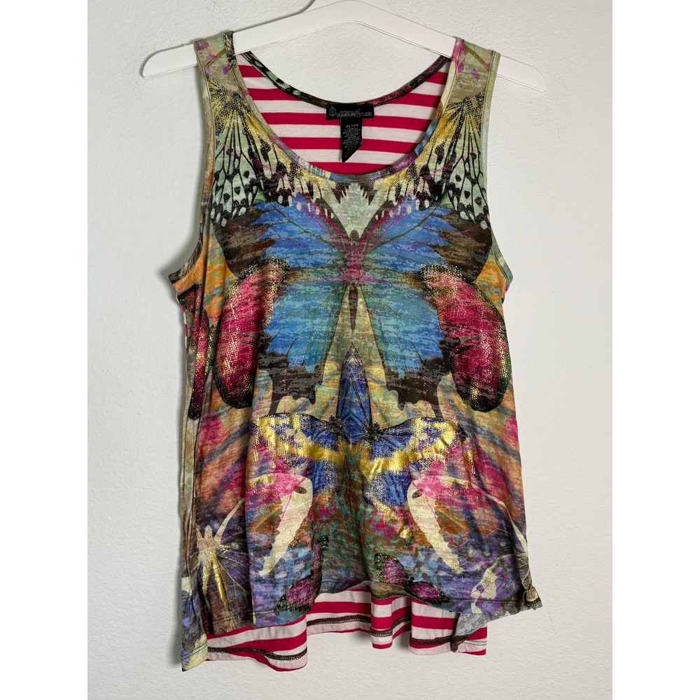 Signature Studio Butterfly Graphic Tank Top XL Pink Blue Metallic Stripe Sleeves